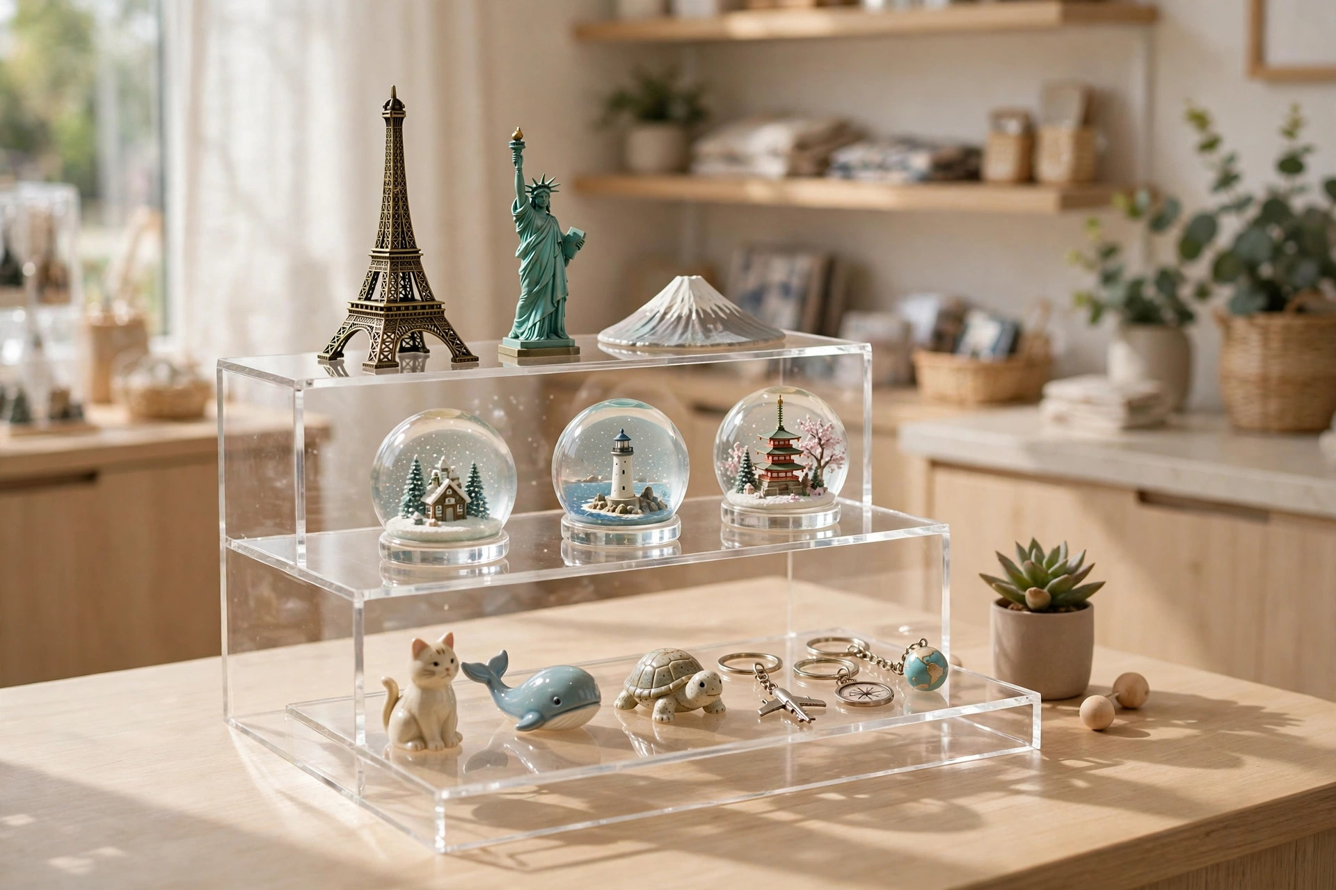 Kệ mica trong suốt nhiều tầng trưng bày mô hình tháp Eiffel, tượng Nữ thần Tự do, quả cầu tuyết và móc khóa lưu niệm