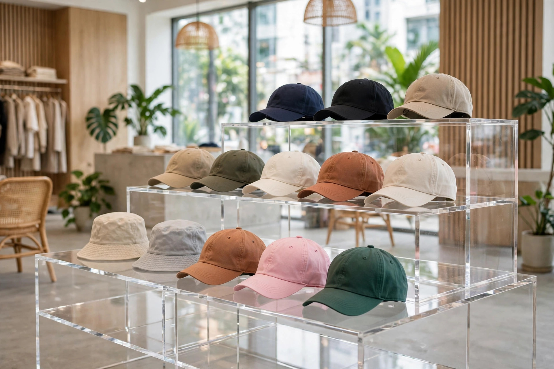 Kệ mica trong suốt nhiều tầng trưng bày mũ lưỡi trai và nón vành nhiều màu trong shop thời trang