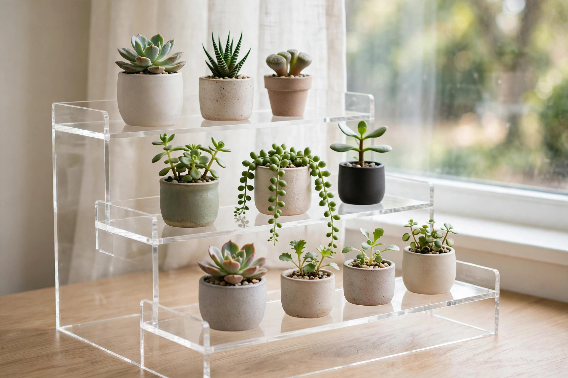 Kệ mica trong suốt ba tầng đặt chậu sen đá và cây cảnh mini bên cửa sổ