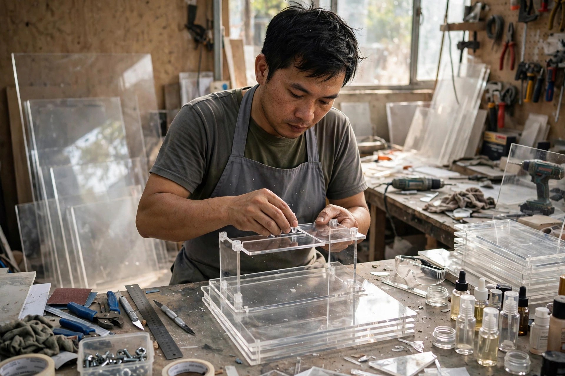 Quy trình sản xuất kệ mica trưng bày tại xưởng: từ bản vẽ đến thành phẩm