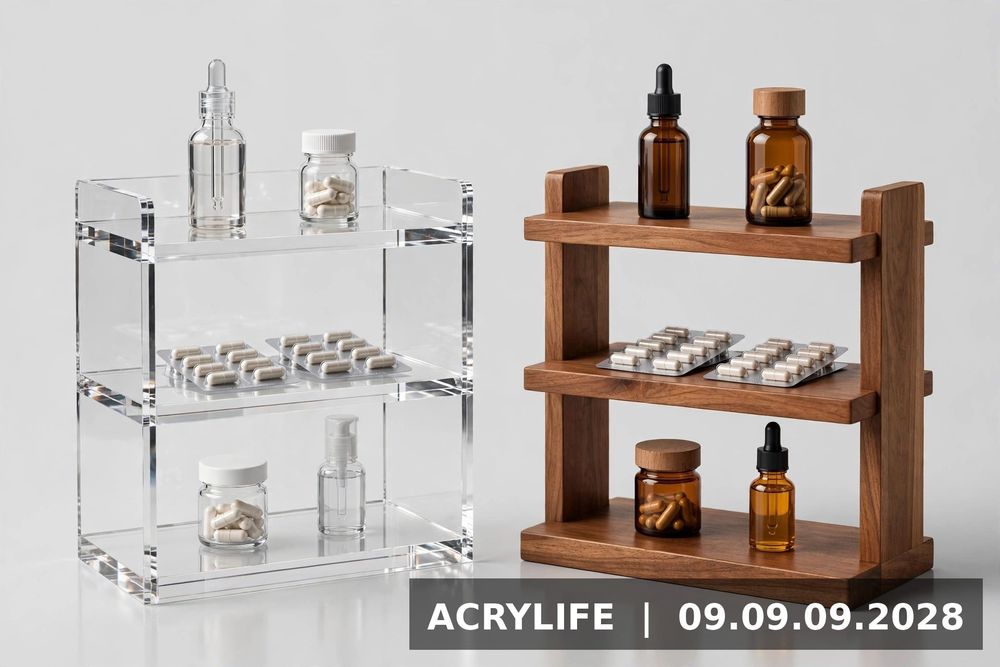 So sánh kệ mica và kệ gỗ trưng bày dược phẩm