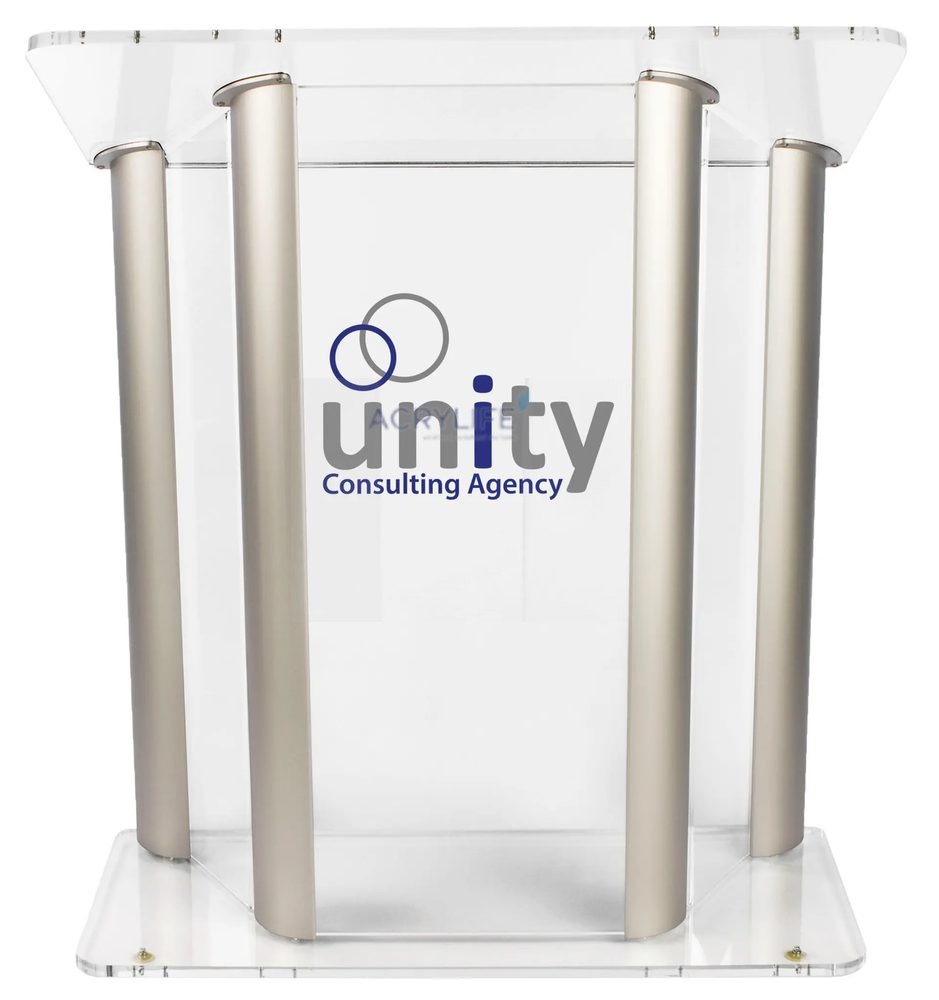 Bục phát biểu mica Acrylife – khung nhôm bạc, in logo 2 màu tùy chỉnh