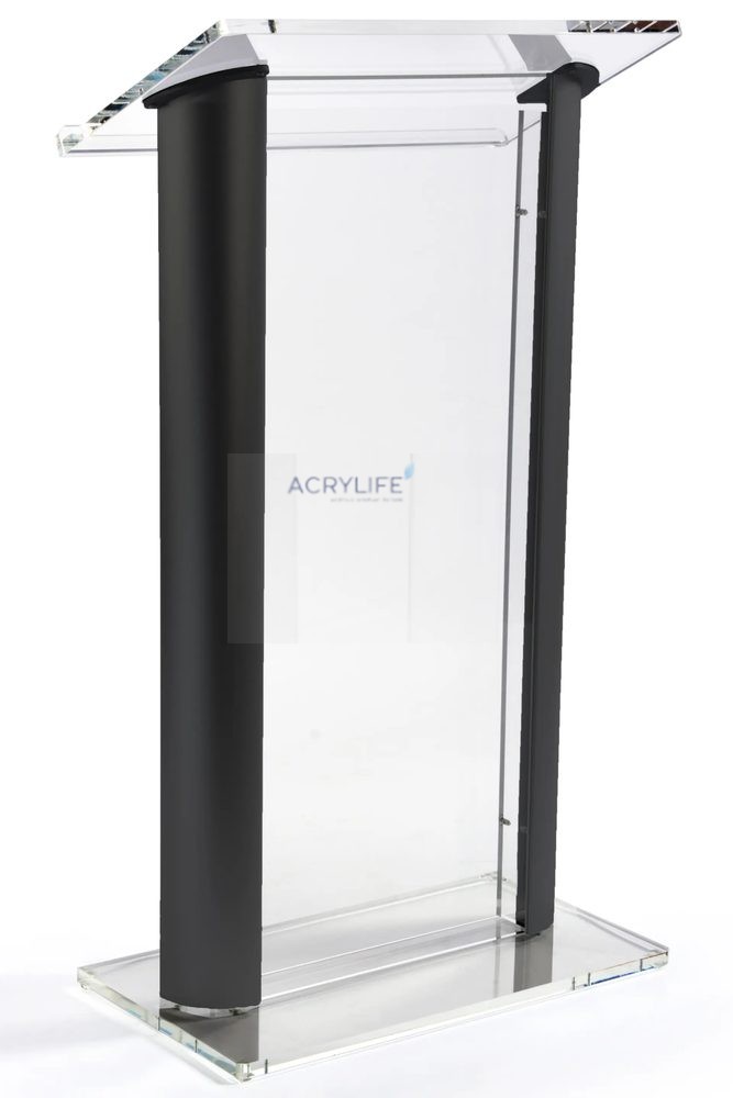 Bục phát biểu mica Acrylife đen – khung nhôm hai bên, mặt đọc rộng