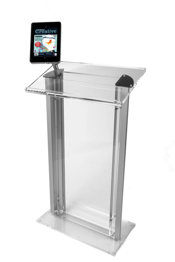 Bục phát biểu mica Acrylife trong suốt – kẹp giữ iPad, khung bạc
