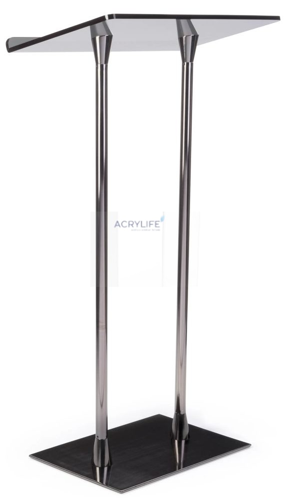 Bục phát biểu mica Acrylife trụ thép, mặt đọc màu xám khói