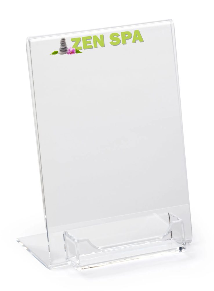 Kệ Menu Mica Acrylife Để Bàn – 13 × 18 cm – Ngăn Đựng Name Card – In UV Tùy Chỉnh