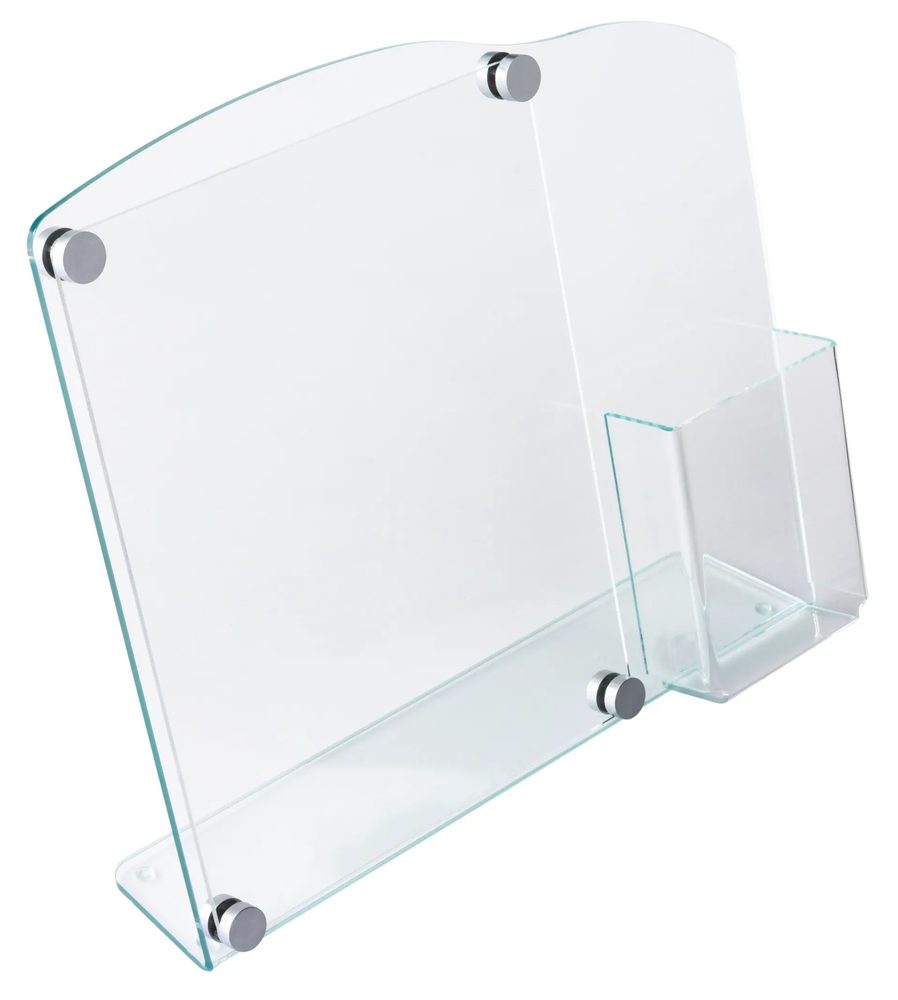 Kệ Menu Mica Acrylife Để Bàn – 22 × 28 cm – Lưng Nghiêng – Ngăn Brochure 10 × 23 cm – Chốt Inox
