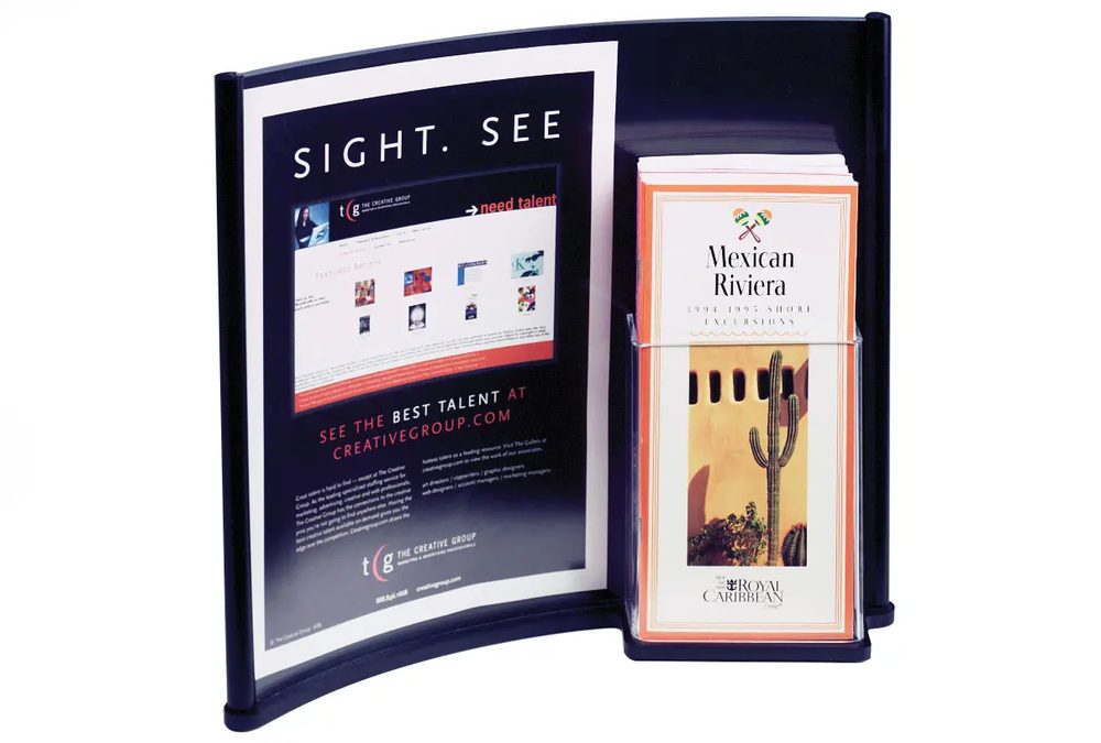 Kệ Menu Mica Acrylife Để Bàn – 22 × 28 cm – Thiết Kế Cong – Ngăn Brochure – Màu Đen