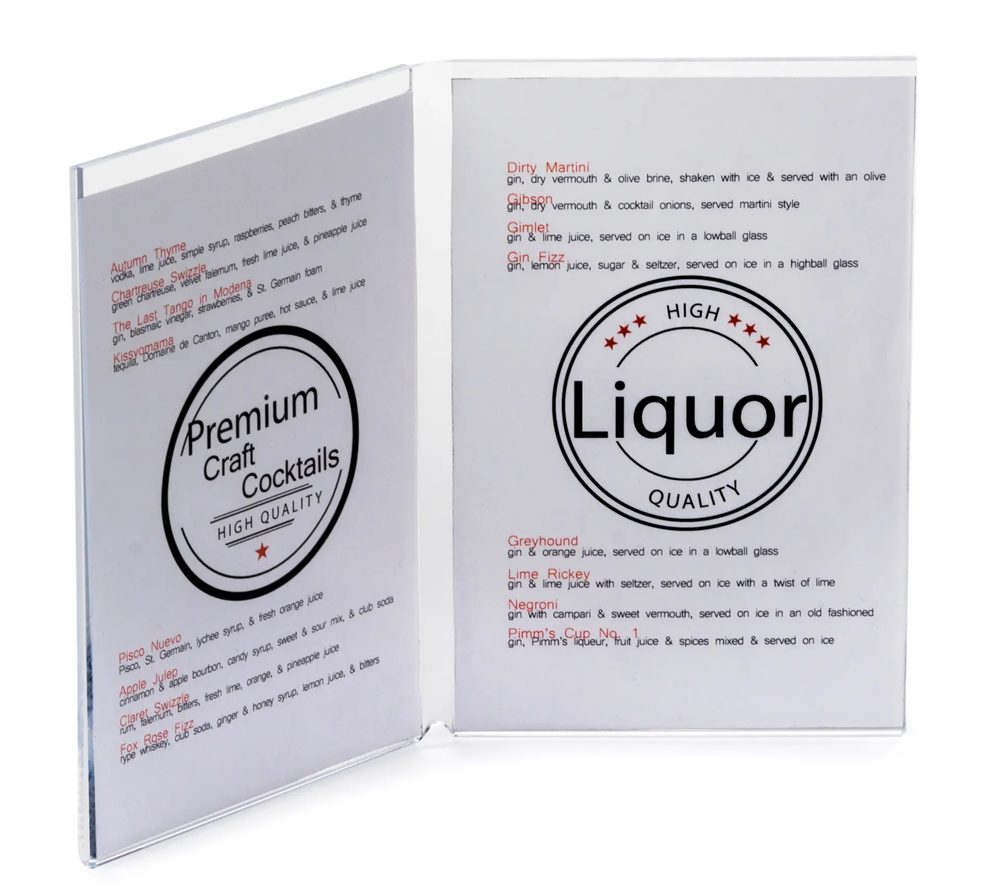 Kệ Menu Mica Acrylife Để Bàn – Hai Mặt – Top Insert – Bi-Fold – Trong Suốt